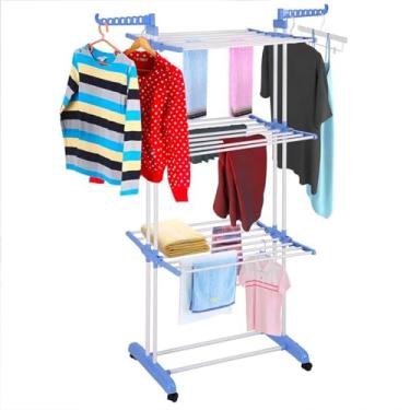 Imagem de Varal Roupas 3 Andares Aluminio Dobrável Retratil Compacto 4 Rodas Apartamento Chão Rodinhas com Trava