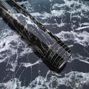 Imagem de BOMENG Papel de parede de mármore preto e branco papel de parede de mármore para destacar e colar papel de vinil de granito preto texturizado brilhante papel autoadesivo removível à prova d'água para bancadas sala de estar 80 x 500 cm