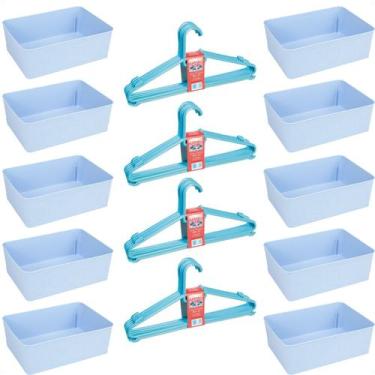 Imagem de Kit 10 Cestos Multiuso e 20 Cabides Infantil Reforçado Azul - 123 Orga