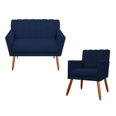 Imagem de Kit Namoradeira + 1 Poltrona Decorativa Cecília Suede Azul Marinho Pés