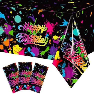 Imagem de Neon Glow in The Dark Birthday Party Tablecloth Paint Splatter Graffiti Happy Birthday Table Covers Plastic Black Light Table Cloths for Let's Glow Birthday Party Decorations Supplies, 54 x 108 Inch