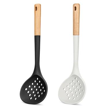 Imagem de Coador de concha de cozinha, grande escumadeira com alta resistência ao calor, livre de BPA, escumadeiras antiaderentes para escorrer e fritar, 33,5 cm (preto e branco)