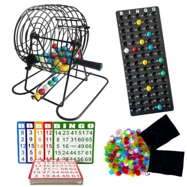 Imagem de SEETOOOGAMES Conjunto de jogo de bingo de luxo, gaiola de metal de 15 cm, 600 fichas de bingo com um saco, 75 bolas de bingo com bolsa, 50 cartas de bingo, tabuleiro mestre de plástico