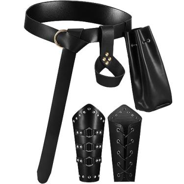 Imagem de Xtinmee 5 peças de acessórios de fantasia renascentista de couro medieval de Halloween cinto medieval protetor de braço espada punhal sapo cinto bolsa, Preto, on size