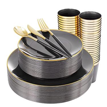 Imagem de Conjunto de louça de plástico preto, 180 peças, pratos de plástico preto, pratos de plástico transparente com borda dourada, talheres de plástico dourado, copos transparentes com borda dourada, adequado para casamento, aniversário, festa, supernal