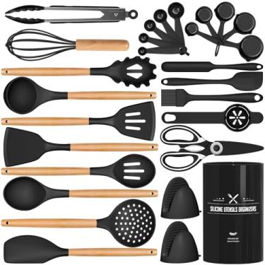 Imagem de AIKKIL Conjunto de utensílios de cozinha de silicone, conjunto de 28 peças grandes de utensílios de cozinha com suporte, conjunto de espátula de cozinha com alças de madeira, espátula, colher,