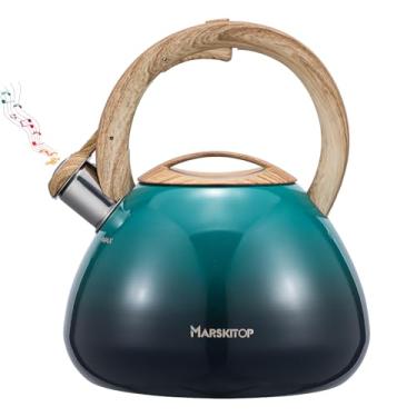 Imagem de MARSKITOP Chaleira de chá de assobio para fogão, 2,6 litros, bule de aço inoxidável de grau alimentício para fogão com alça ergonômica de toque frio, bule de chá para fogão de indução, verde