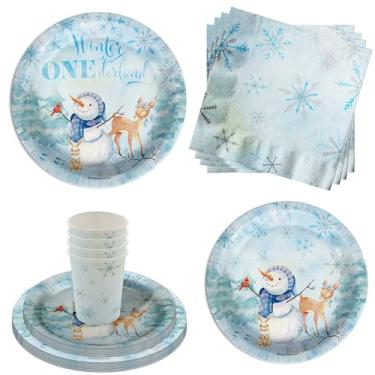 Imagem de Boneco de neve Floco de neve Inverno Onederland 1º aniversário conjunto de artigos de festa 64 peças para meninos primeiro aniversário - prato de jantar grande de Natal, pratos de sobremesa, copos e