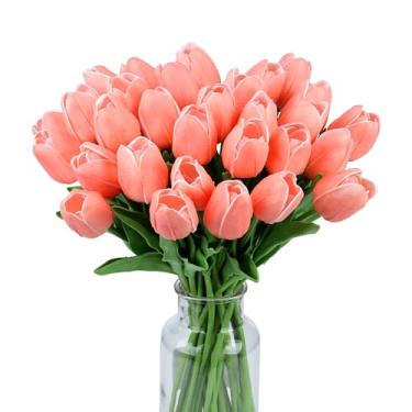 Imagem de SITUMEIZI Tulipas falsas flores artificiais toque real champanhe 35,5 cm 15 peças flor de seda para decoração de casa, decorações de buquê de casamento, arranjos florais