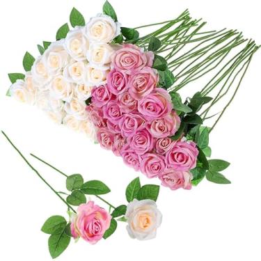 Imagem de Hoemwarm 36 peças de flores artificiais de noiva, rosa falsa, haste longa, flores artificiais realistas, volume para buquê de casamento, arranjo de bolas, decoração de festa (roxo rosa)