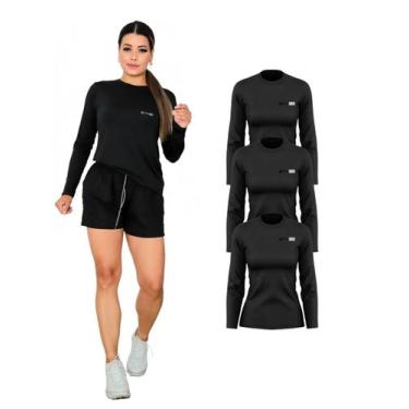 Imagem de Kit Com 3 Camisetas Manga Longa Proteção UV Feminina Preto - RCV Store