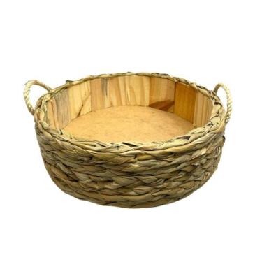 Imagem de Cesta Redonda Madeira Trançada C Taboa Alça Palha Ref 919 - Inspira FL
