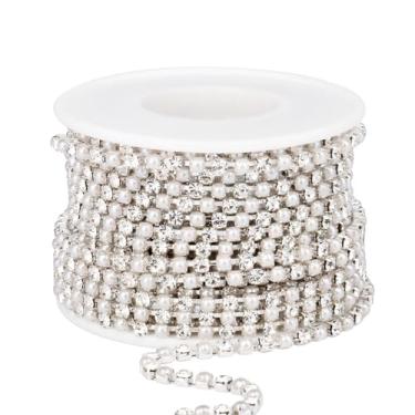 Imagem de Corrente com acabamento em pérolas de strass, [10 metros/3,0 mm] Corrente de taça com contas de strass de pérola prateada para costura, artesanato, faça você mesmo, joias, roupas, decoração de festa