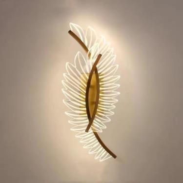 Imagem de QPHRYBMW Arandela de parede nórdica de LED dourada vintage decoração de penas de acrílico 2 luzes de metal luz de parede para cabeceira quarto mesa de cabeceira varanda