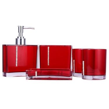 Imagem de Elegante conjunto de acessórios de banheiro em acrílico vermelho de 5 peças, suporte para escova de dentes, saboneteira, garrafa de emulsão, copos de gargarejo e lata de lixo para