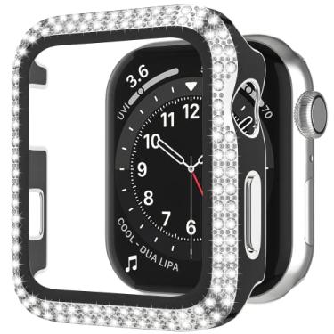 Imagem de D & K Exclusives Capas Crystal Bling compatíveis com Apple Watch 38 mm, 40 mm, 42 mm, 44 mm, capa protetora de tela de vidro temperado de policarbonato rígido para iWatch SE séries 6 5 4 3 2 1 (preto)