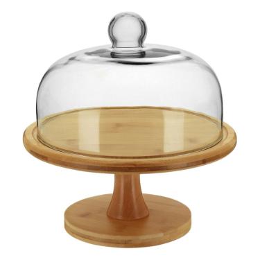 Imagem de PRATO BOLO COM PÉ 27x26x26cm BAMBU NATURAL TAMPA VIDRO BOLEIRA