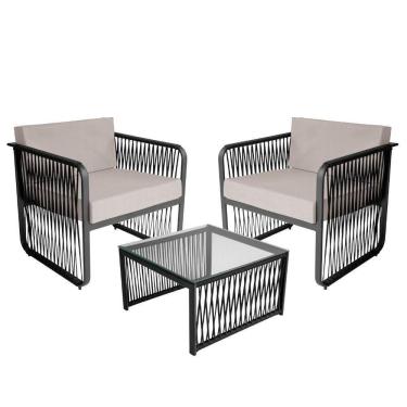 Imagem de Conjunto 2 Poltronas E Mesa Centro Corda Náutica Santiago Preto-branco