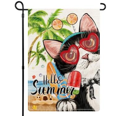 Imagem de YOVOYOA Bandeiras de jardim de verão de gato preto para exterior, bandeiras de verão para gatos de praia, coqueiro, picolé, ao ar livre, 30,5 x 45,7 cm, bandeiras de quintal de boas-vindas sazonais