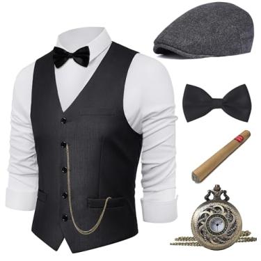 Imagem de BABEYOND Conjunto de acessórios de fantasia masculino Gatsby Gangster da década de 1920, chapéu Fedora, Cinza escuro, GG
