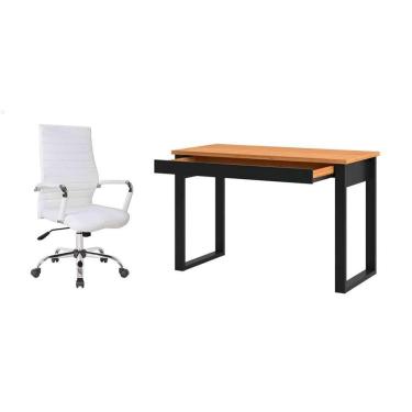 Imagem de Conjunto de Mesa Anah 1 gv Freijó e Preta com Cadeira de Escritório Diretor Giratória Cleaner Branca