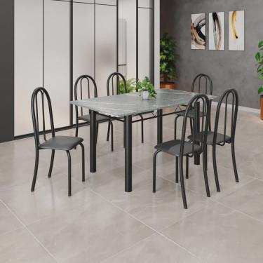 Imagem de Conjunto de Mesa Tubular 140cm X 75cm Tampo em Granito Topázio com 6 Cadeiras Iris B Preto