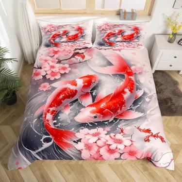 Imagem de Feelyou Conjunto de capa de edredom infantil com estampa de peixe koi japonês, tamanho Queen, flores de cerejeira, para meninos e meninas, estilo japonês, flor sakura, floral, botânica, primavera (sem