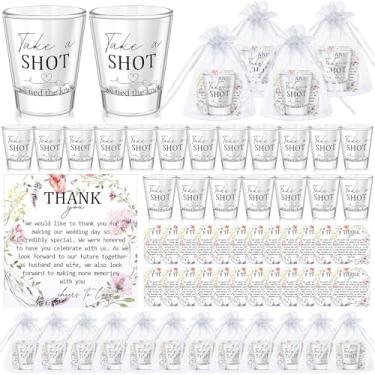 Imagem de Roshtia 50 conjuntos de lembrancinhas de casamento para convidados 59 g copos de shot de casamento Take a Shot We Tied the Knot Glasses Cups with Thank You Cards and Organza Bags for Bridal Shower