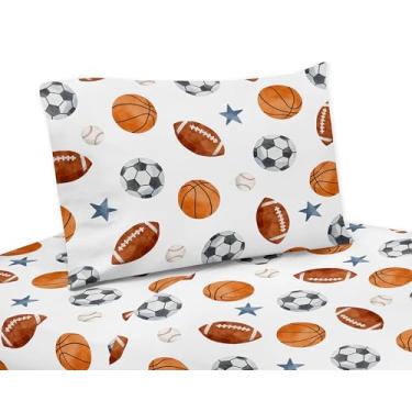 Imagem de Sweet Jojo Designs Jogo de lençol solteiro com tema esportivo, meninos, solteiro, lençol com elástico, para crianças, adolescentes, 3p, aquarela, bolas de futebol, beisebol, basquete, estrelas azuis