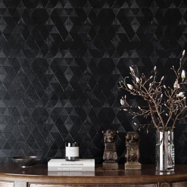 Imagem de VaryPaper Papel de parede geométrico triângulo moderno de 39,9 cm x 199,9 cm, papel de parede preto texturizado para quarto, vinil autoadesivo removível, impermeável, papel de contato preto para