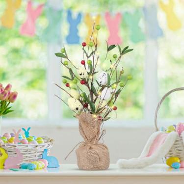 Imagem de 40 cm Árvore de ovos de Páscoa com luzes LED, colorido árvore ovos artificial com bagas decorativas ornamento árvore Páscoa centro de mesa decorações plantas Páscoa para mesa, casa, festa