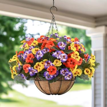 Imagem de Alupssuc 12 pacotes de amores-perfeitos artificiais, cesta de flores falsas para decoração ao ar livre, amor-perfeito resistente a UV, plantas falsas que não desbotam para decoração de casa, varanda e