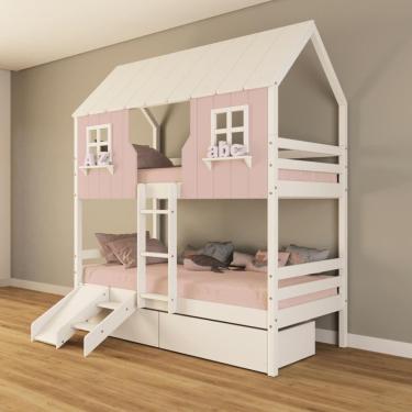 Imagem de Beliche Casinha Encantada Com 02 Gavetas Kit Escada/ Escorregador Madeira Maciça Rosa/ Branco Housin