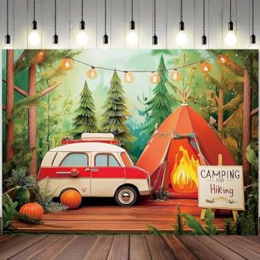Imagem de Pano de fundo vibrante para acampamento, piquenique, cenário de floresta, cenário de acampamento, perfeito para meninos, crianças, adolescentes, chá de bebê, festas, fogueira, barraca e van Scen (A