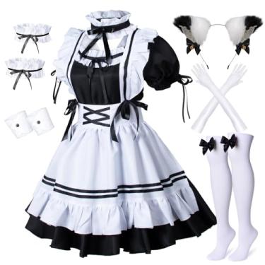 Imagem de Wannsee Anime Avental de empregada francesa Lolita fantasia fantasia cosplay gato peludo orelha luvas conjunto de meias (P)