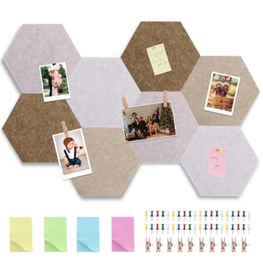 Imagem de Vuzvuv 8 peças de quadro de avisos hexagonais com 50 pinos e 10 grampos de madeira placa adesiva de cortiça para parede, placa de feltro para escola, decoração de escritório (marrom madeira)