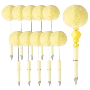 Imagem de Spritewelry Caneta esferográfica de pelúcia fofa, pompom, 10 peças, faça você mesmo, canetas esferográficas, tinta preta, suprimentos para escritório, escola, amarelo claro