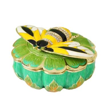Imagem de FASSLINO Caixa de joias pequena de abelha com formato de flor com dobradiças pintadas à mão com strass esmaltado, presente exclusivo para mulheres (verde)