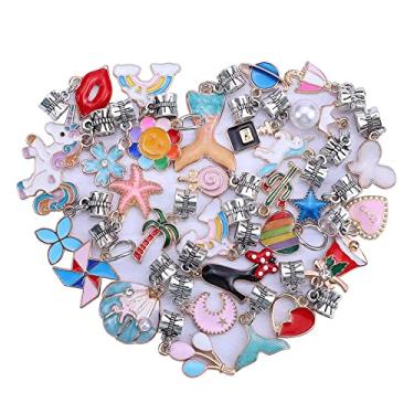 Imagem de 60 contas europeias sortidas com chapeamento prata liga de metal strass, espaçador de orifício grande para fazer pulseiras de berloques DIY (pingente de cor de revestimento de liga)