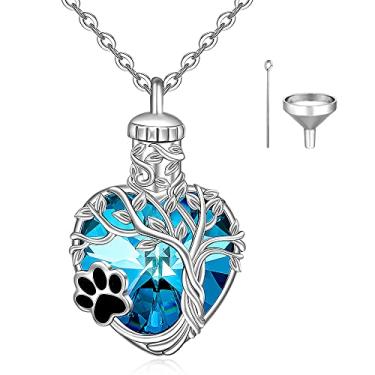 Imagem de Fenthring Colar de urna de cachorro para cinzas para mulheres, árvore da vida, gato, cachorro, estampa de pata, cinzas, colar de prata esterlina, coração, cristal, lembrança, joias, presentes de Natal