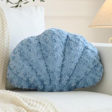 Imagem de Ddliury Travesseiro de concha, decoração de quarto de concha para sofá-cama, travesseiro de pelúcia macio, almofadas decorativas de praia com concha do mar (cinza azul, 45 x 33 cm)