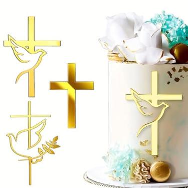 Imagem de Gold Mirror Acrylic Dove Cross Cake Topper, 3PCS Dove Cross Cake Decoration Cake Charm for Baptism, First Communion, Baby Shower, Birthday - Christian Party Decorations, Cupcake Supplies
