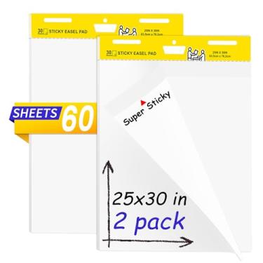 Imagem de 2 blocos/pacote com pastilha branca super pegajosa, 63,5 cm x 76,2 cm, 30 folhas/bloco, papel grande flip chart com parte traseira adesiva, papel de cavalete autoadesivo para paredes, janelas, quadro