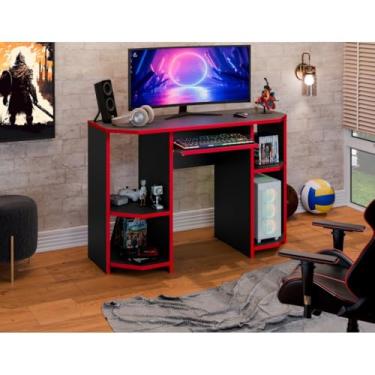 Imagem de Mesa Gamer Plus com Nichos Suporte CPU e Bandeja Para Teclado Preto Vermelho