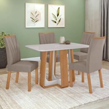 Imagem de Conjunto Sala de Jantar Mesa Easy Pop 120x80cm Tampo Vidro/mdf com 4 Cadeiras Confort Suede Animale Bege Amendoa Clean/off White