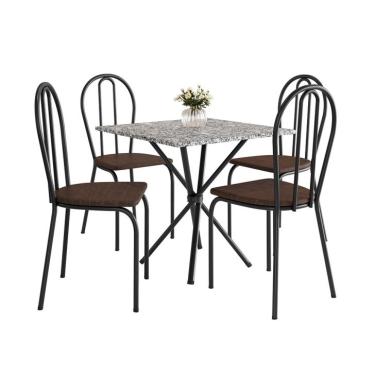 Imagem de Conjunto de Mesa Quadrada com Tampo Granito e 4 Cadeiras Léia Revestimento Sintético Preto e Imbuia