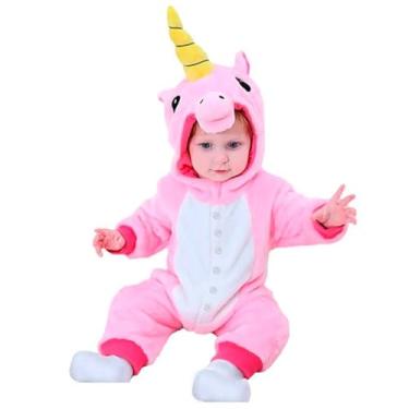 Imagem de Kigurumi Bebê Menina ou Menino de Unicornio Fantasia Pijama de Inverno Quentinho com Capuz Bordado Rosa Azul ou Roxo (ROSA, P 3-4)