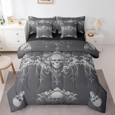 Imagem de Erosebridal Conjunto de cama gótico king size com estampa de caveira de açúcar gótico, prata cinza, damasco, vintage, floral, vintage, decoração barroca vitoriana exótica