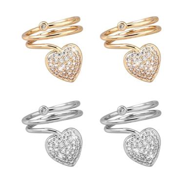 Imagem de HOBBIESAY 4 peças anel de strass de coração empilhável anel aberto de metal anéis de abertura femininos ajustáveis joias de ouro claro e platina para decoração de festa feminina 0,41 polegada de