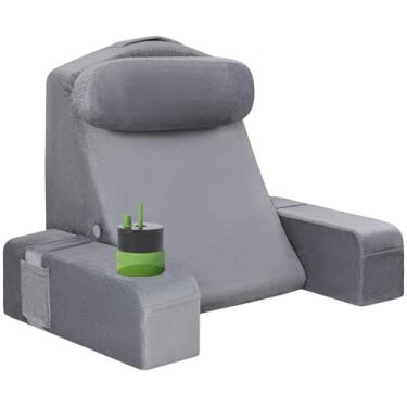 Imagem de AS AWESLING Travesseiro de leitura para adultos, travesseiro de costas para sentar na cama, encosto para sentar na cama, braços destacáveis com copo embutido e suporte de telefone (cinza, 48 cm)